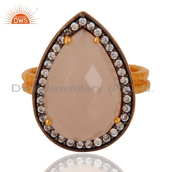 Exporter Handmade 925 Sterling Silver Genuine Rose Chalcedony Gold Plated Ring With CZ