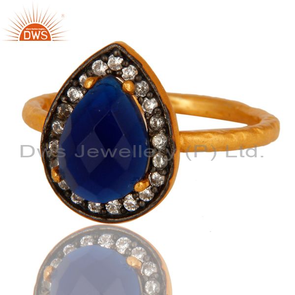 Exporter 18K Yellow Gold Plated Sterling Silver Blue Corundum And CZ Hammered Band Ring