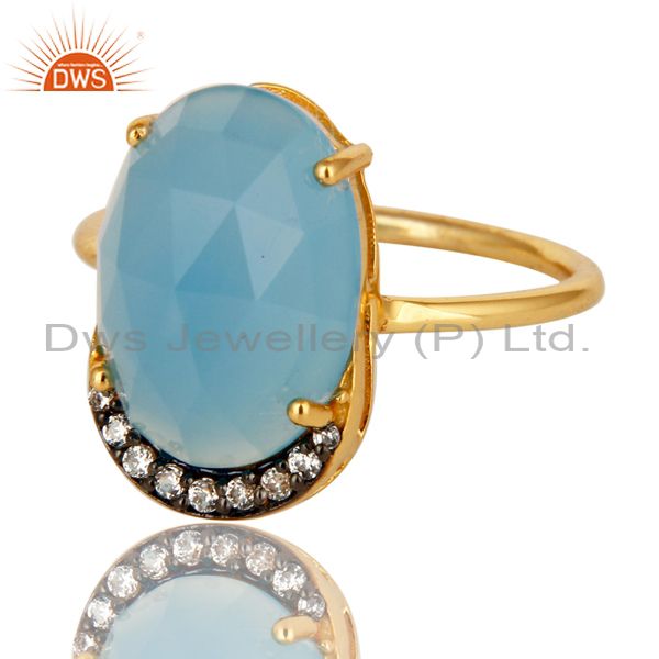 Exporter 18K Gold Plated Sterling Silver Dyed Blue Chalcedony Prong Set Stacking Ring