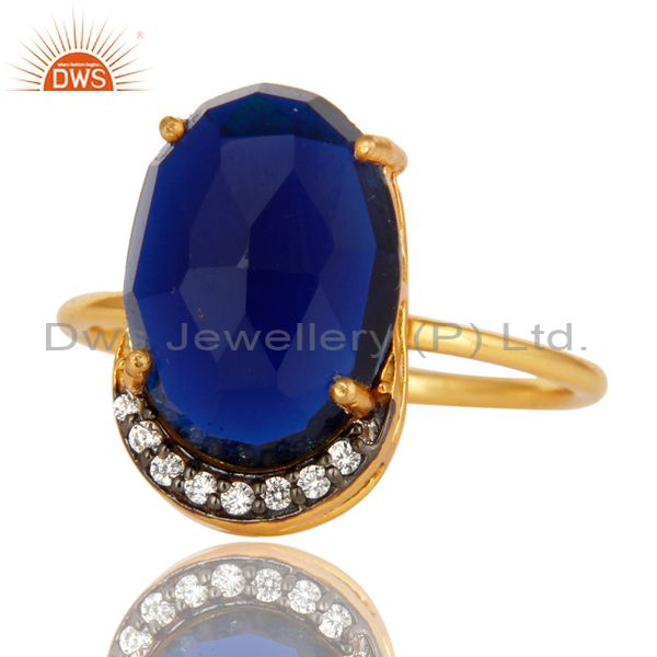 Exporter 14K Gold Plated Sterling Silver Blue Corundum Prong Set Stacking Ring With CZ