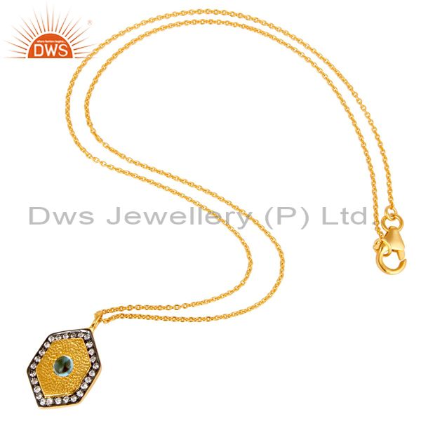 Suppliers 14K Yellow Gold Plated Sterling Silver Blue Topaz And CZ Pendant With Chain