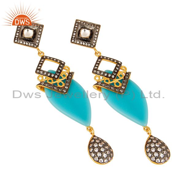 Exporter 14K Yellow Gold Plated Blue Bakelite Handmade Dangle Earrings With CZ