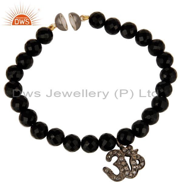 Exporter 925 Silver Pave Set Diamond Om Charms Black Onyx Bracelet With Magnetic Lock