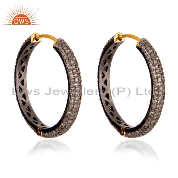 Exporter Pave Diamond 14k Yellow Gold Hoop Earrings 925 Sterling Silver Fashion Jewelry