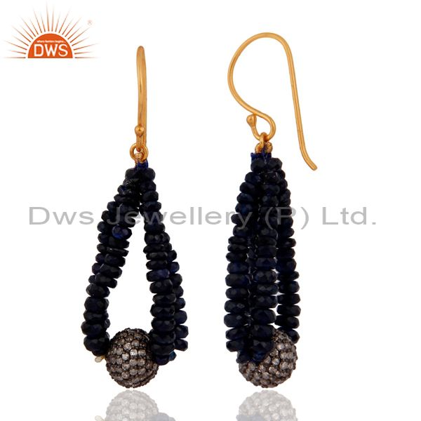 Exporter 18k Solid Gold Blue Sapphire Gemstone Earrings Pave Diamond 925 Sterling Silver