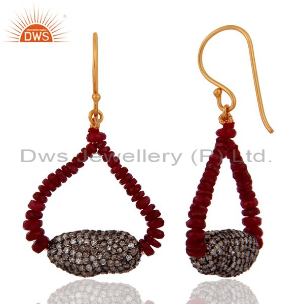 Exporter 18K Solid Yellow Gold Genuine Pave Diamonds Ruby Beads Sterling Silver Earrings