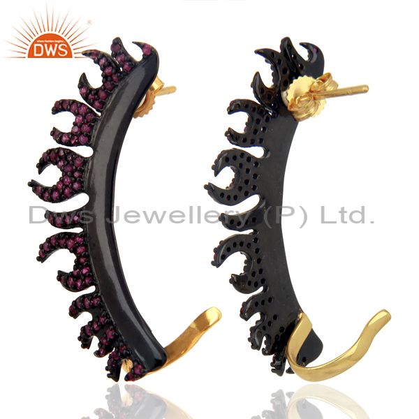 Exporter 18K Solid Yellow Gold And Sterling Silver Pave Set Ruby Gemstone Cuff Earrings