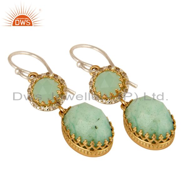 Exporter Natural Chrysoprase 18K Yellow Gold Pave Diamond Sterling Silver Dangle Earrings