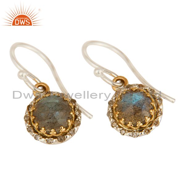Exporter 18K Gold And Sterling Silver Pave Diamond Labradorite Gemstone Dangle Earrings