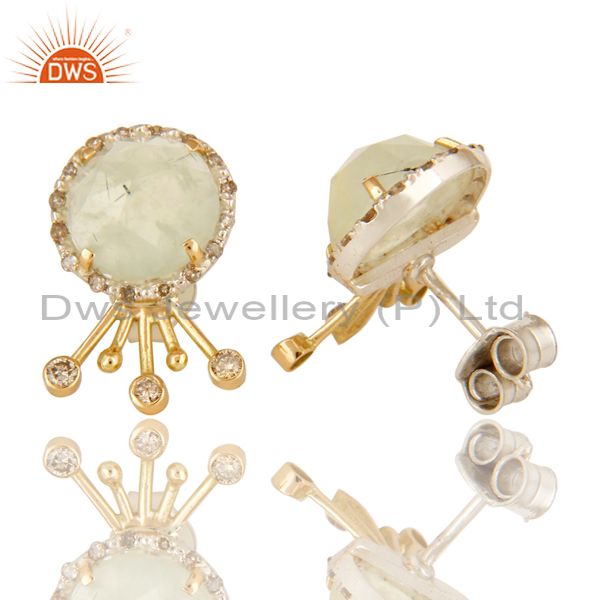 Exporter 18K Solid Yellow Gold Prehnite Gemstone Pave Diamond Stud Earrings