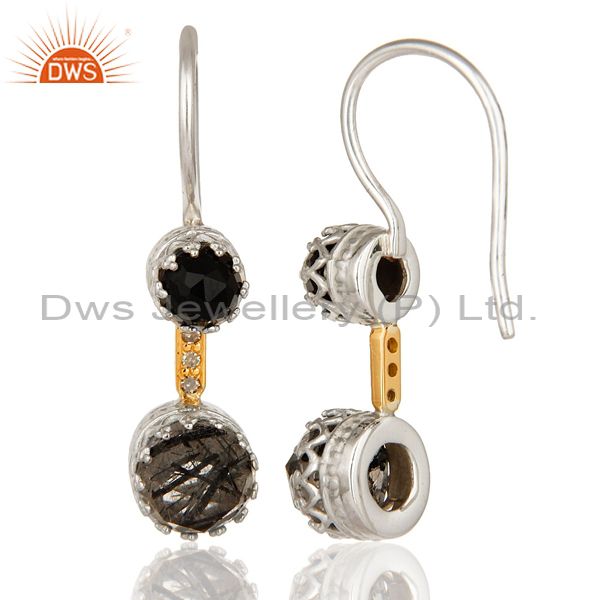 Exporter 18K Gold And Sterling Silver Tourmalinated Quartz and Black Onyx Dangle Earrings