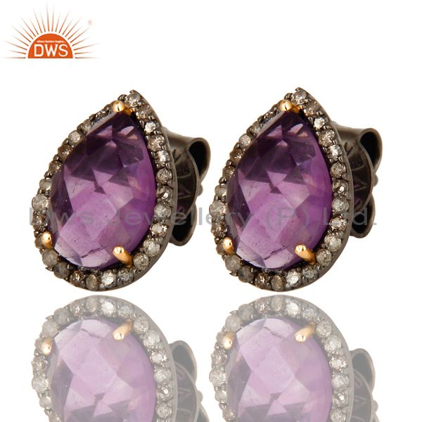 Exporter 14K Yellow Gold And Sterling Silver Amethyst Pave Set Diamond Stud Earrings