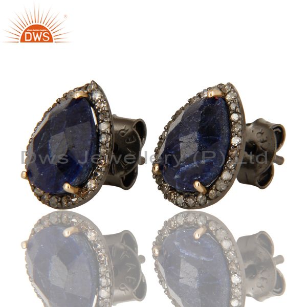 Exporter 14K Yellow Gold Blue Sapphire And Pave Diamond Ladies Stud Earrings For Womens