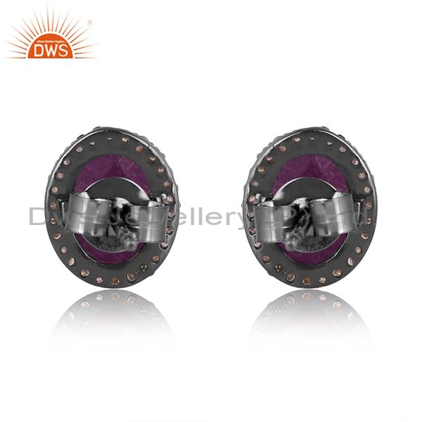 Exporter Natural Ruby Gemstone Pave Diamond Gold Plated Stud Earrings Supplier