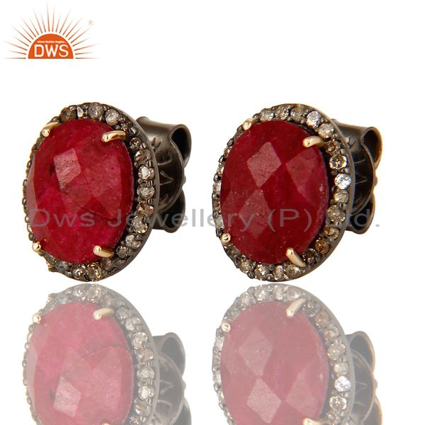 Exporter Natural Ruby 14K Yellow Gold And Sterling Silver Stud Earrings With Pave Diamond