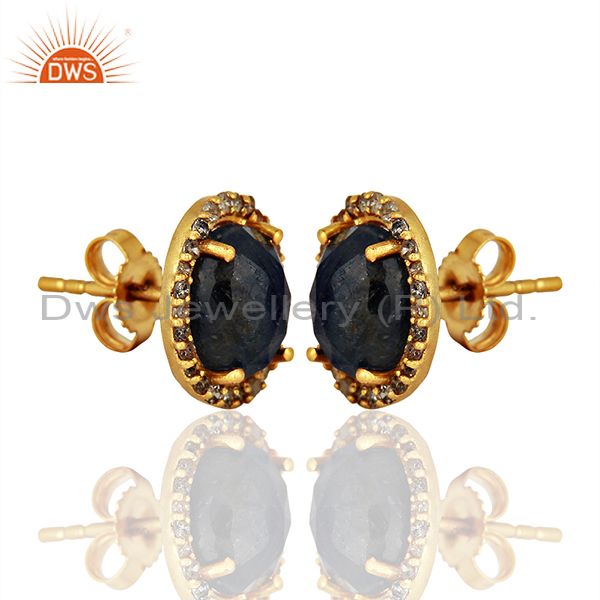 Exporter 14k Gold 925 Silver Pave Diamond Blue Sapphire Gemstone Earrings