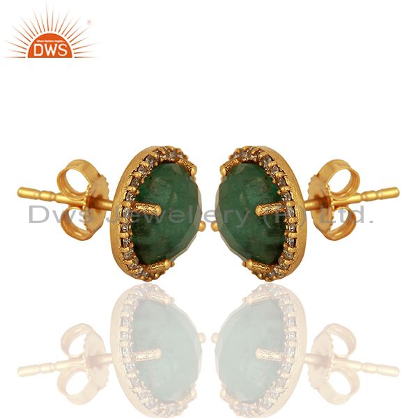 Exporter Emerald Gemstone Silver Pave Diamond Stud Earrings Manufacturer