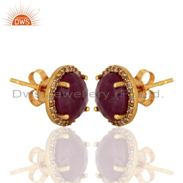 Exporter Ruby Gemstone Diamond 18k Yellow Gold Stud Earrings Jewelry Manufacturer