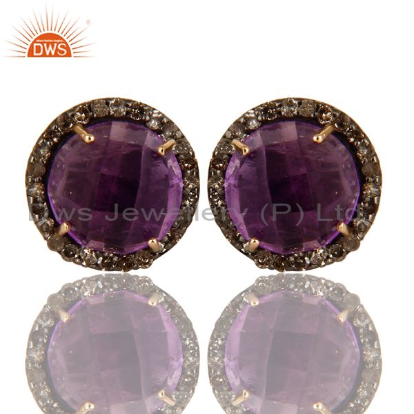 Exporter 14K Yellow Gold Pave Diamond And Amethyst Round Stud Earrings For Womens