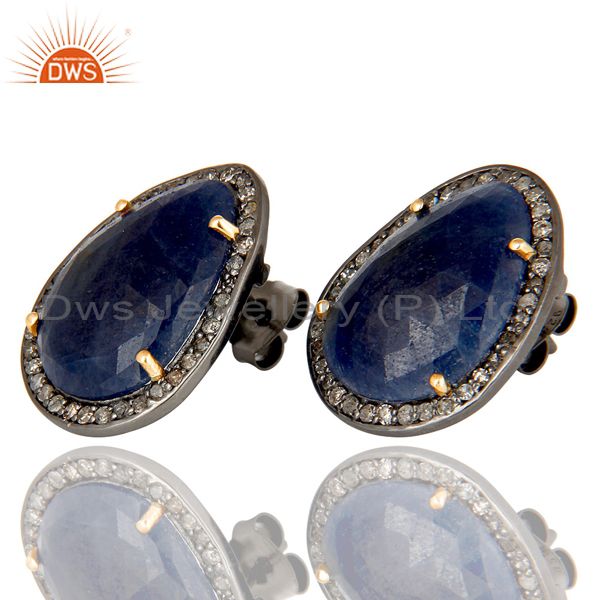 Exporter Genuine 14K Yellow Gold Pave Diamond And Blue Sapphire Womens Stud Earrings