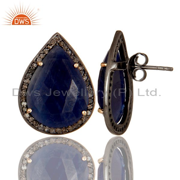 Exporter 14K Solid Yellow Gold Pave Diamond And Blue Sapphire Teardrop Stud Earrings