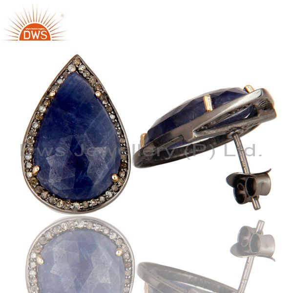 Exporter 14K Solid Yellow Gold Pave Diamond And Blue Sapphire Pear Shape Stud Earrings