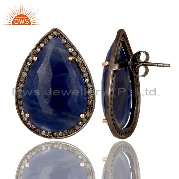 Exporter Solid 14K Yellow Gold Pave Diamond And Blue Sapphire Pear Shape Stud Earrings