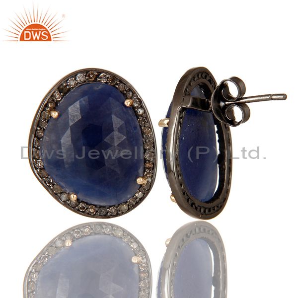 Exporter 14K Yellow Gold Pave Set Diamond And Blue Sapphire Ladies Stud Earrings