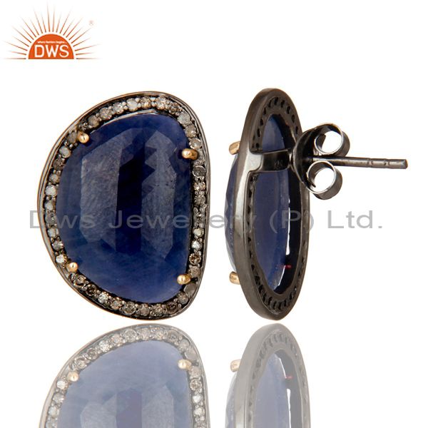 Exporter 14K Yellow Gold Pave Set Diamond And Blue Sapphire Womens Stud Earrings