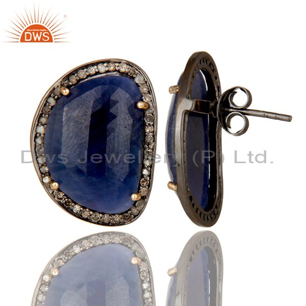Exporter 14K Solid Yellow Gold Pave Diamond And Blue Sapphire Womens Stud Earrings