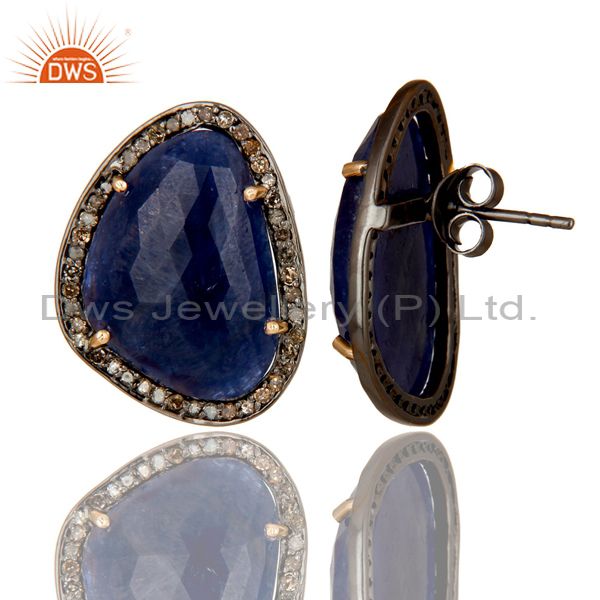 Exporter Solid 14K Yellow Gold Pave Diamond And Blue Sapphire Womens Stud Earrings