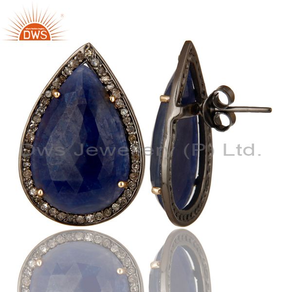 Exporter Pave Set Diamond And Blue Sapphire 14K Gold Sterling Silver Drop Stud Earrings