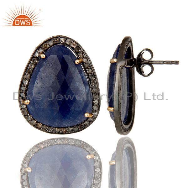 Exporter 18K Gold 925 Sterling Silver Pave Diamond & Blue Sapphire Prong Setting Earrings