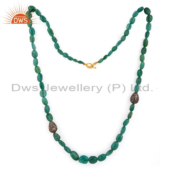 Exporter Polished Emerald Gemstone Beads 18K Solid Gold Pave Diamond 925 SIlver Necklace