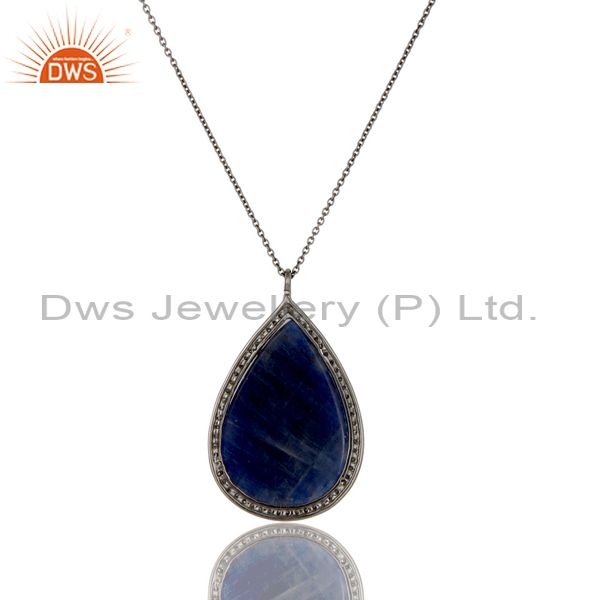 Exporter 14K Solid Yellow Gold Pave Diamond And Blue Sapphire Drop Pendant With Chain