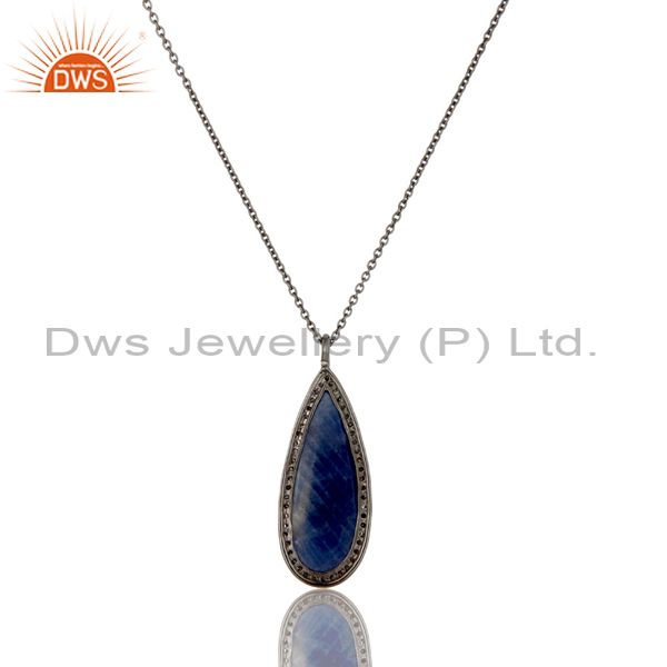 Exporter 14K Solid Yellow Gold Blue Sapphire And Diamond Accented Drop Pendant With Chain