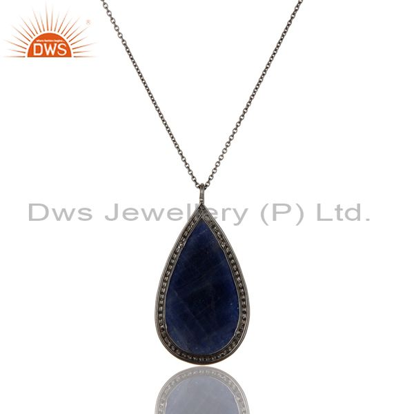 Exporter 14K Solid Yellow Gold Blue Sapphire And Diamond Accented Pendant With Chain