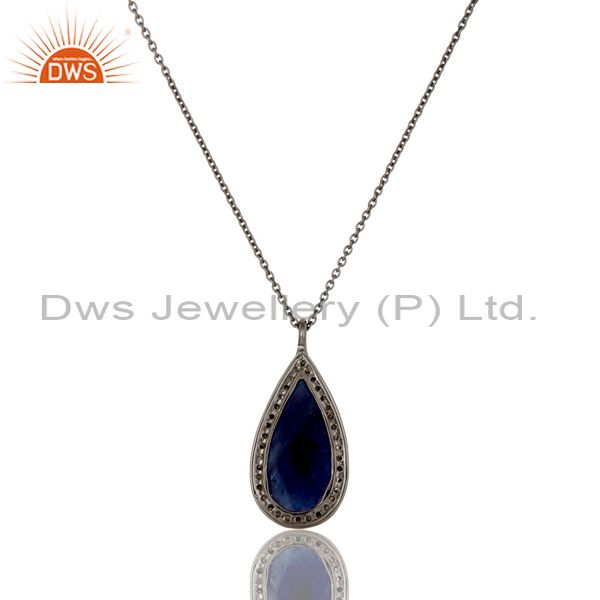 Exporter Blue Sapphire And Pave Set Diamond 14K Solid Yellow Gold Pendant Necklace