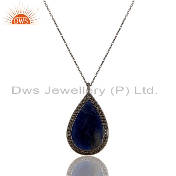 Exporter 14K Solid Yellow Gold Pave Diamond And Blue Sapphire Teardrop Pendant Necklace