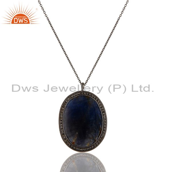Exporter 14K Yellow Gold Pave Diamond And Blue Sapphire Sterling Silver Pendant Necklace
