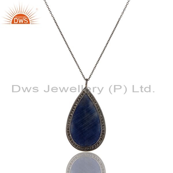 Exporter 14K Yellow Gold Pave Set Diamond Blue Sapphire Sterling Silver Pendant Necklace