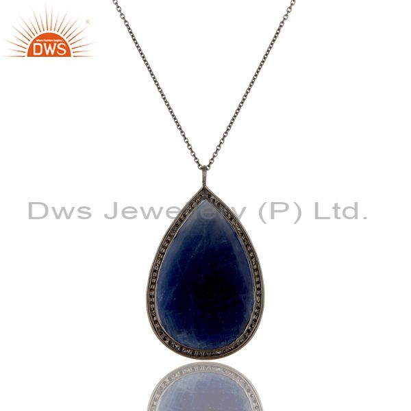 Exporter 14K Yellow Gold Blue Sapphire Sterling Silver Pave Set Diamond Pendant Necklace