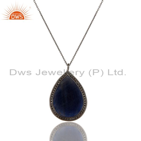 Exporter 14K Yellow Gold Sterling Silver Blue Sapphire Pave Set Diamond Pendant Necklace