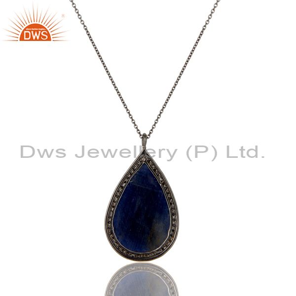 Exporter Real Blue Sapphire And Pave Diamond 14K Yellow Gold Silver Pendant Necklace