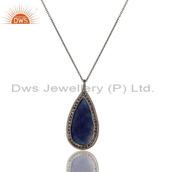 Exporter 14K Solid Yellow Gold Silver Blue Sapphire And Pave Diamond Pendant Necklace