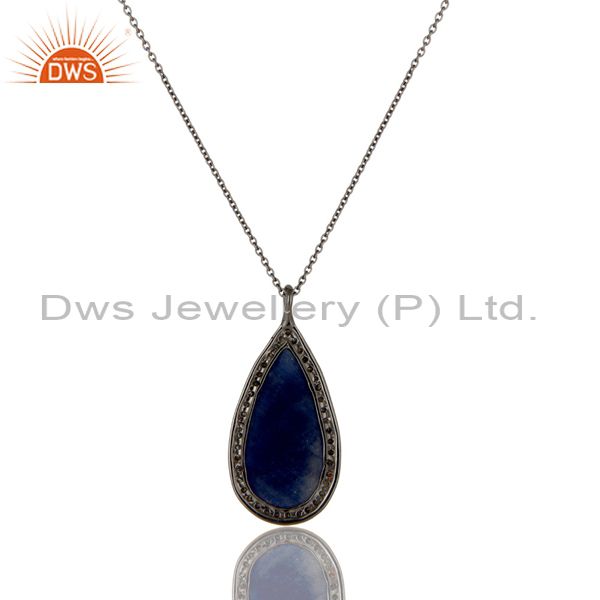 Exporter Blue Sapphire And Pave Diamond Solid 14K Yellow Gold Silver Pendant Necklace