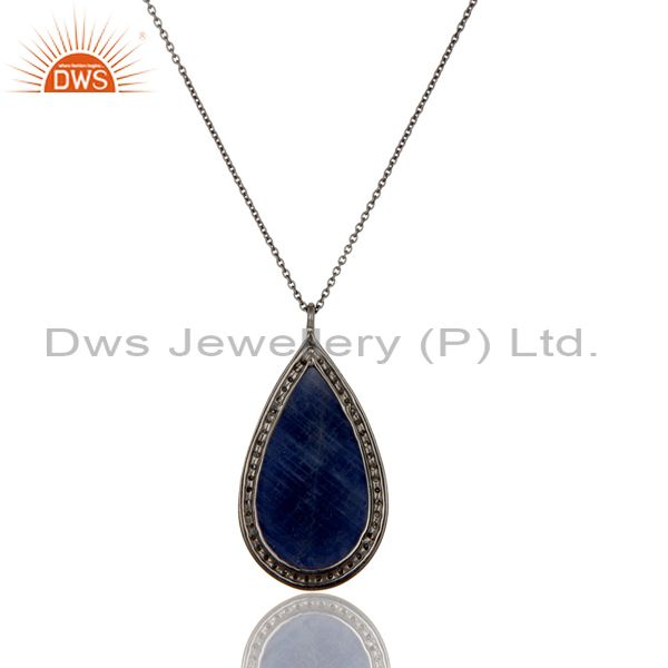 Exporter 14K Solid Yellow Gold Pave Diamond And Blue Sapphire Silver Pendant With Chain