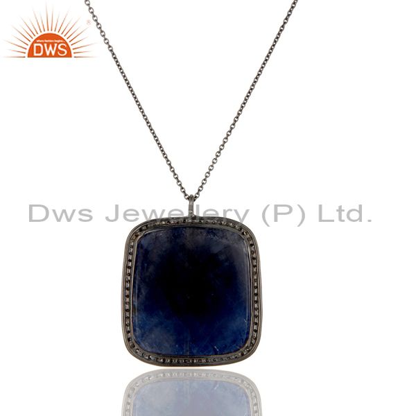 Exporter 14K Solid Yellow Gold Pave Diamond And Blue Sapphire Pendant With Chain