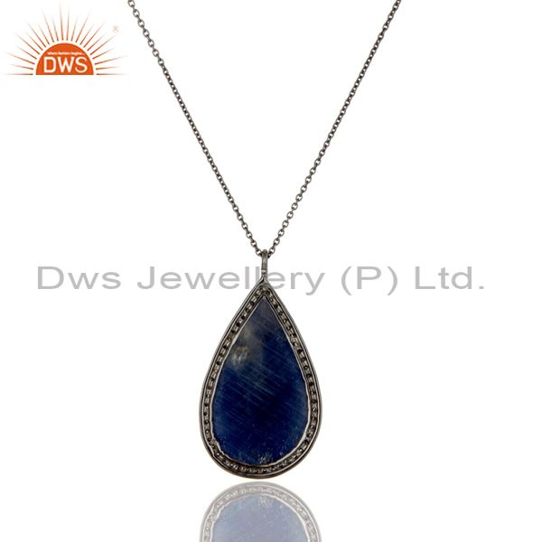 Exporter Solid 14K Yellow Gold Pave Diamond And Blue Sapphire Drop Pendant With Chain