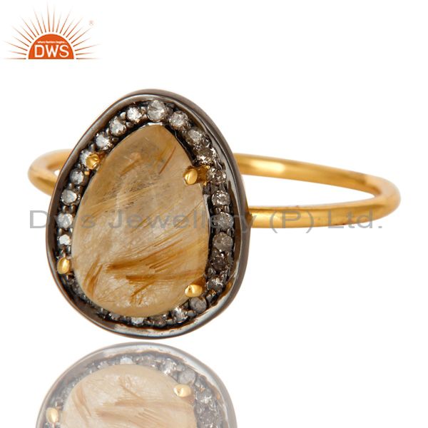Exporter 14K Yellow Gold Golden Rutilated Quartz And Pave Diamond Stackable Ring